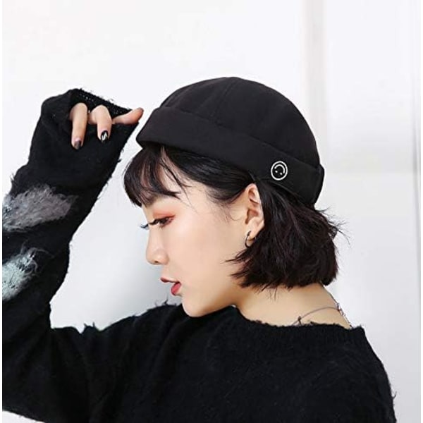 Bremsløs hatter Beanie Skullcap Arbeider Sailor Cap Retro Rolled Cuff Skull Caps med justerbar（Svart）