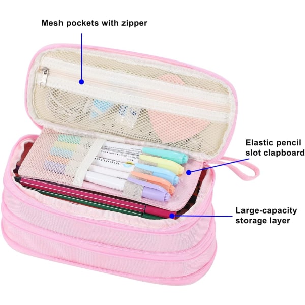 Suurikapasiteettinen kynälaukku tytöille lapsille aikuisille naisille vetoketjullinen kynäpussi Esteettinen iso kynäkotelo case koulutoimistoon vaaleanpunainen