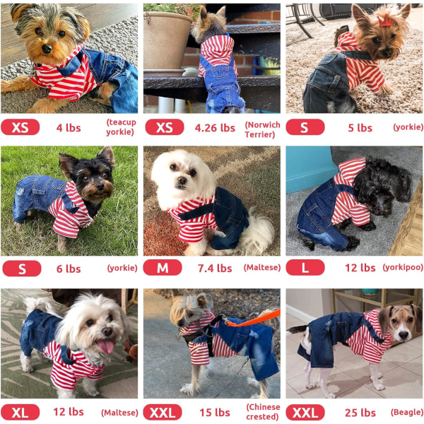 Lille hund trøje tøj søde stribet skjorter denim jumpsuit one-piece outfit til dreng pige chihuahua blå jeans overalls hvalp kostume (rød,XXL)