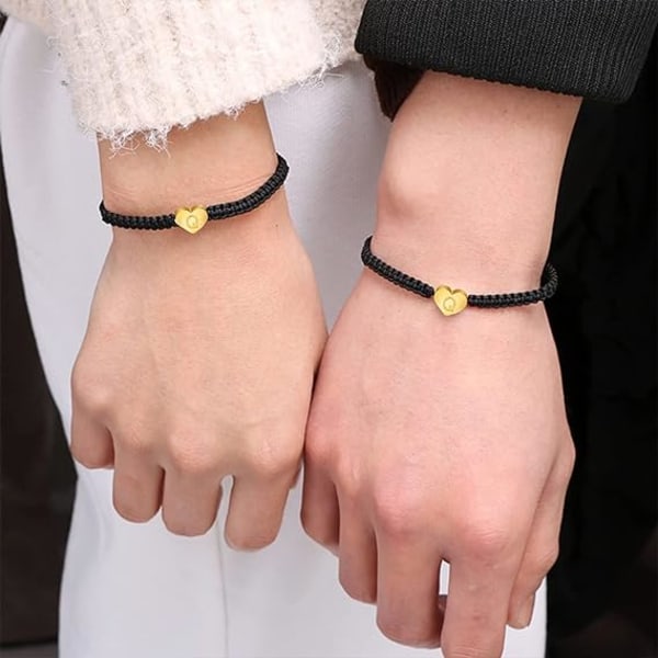 14K forgyldt hjerte-initial armbånd med snor, håndlavet reb flettet armbånd, minimalistisk smykke, matchende armbånd til par