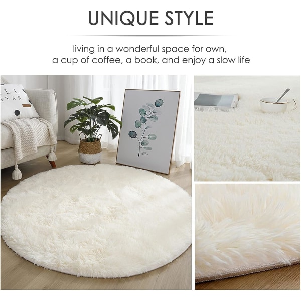 Rundt tæppe, moderne shaggy gulvtæppe, soveværelse sengetæppe, behagelig blød skridsikker shaggy gulvmåtte, fluffy tæppe, hvid, 60cm/24inch