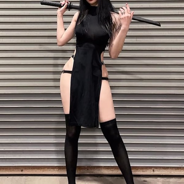 JasmyGirls Sexig Djävul Cosplay Underkläder Hög Slits Babydoll Klänning Halloween Anime Ninja Rollspelsdräkt Gotisk Hög Midja Tank Klänningar M