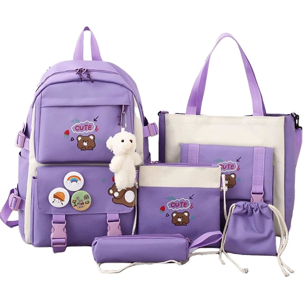5 kpl kawaii-reppu söpöillä pehmoleluilla ja merkillä, 19 gallonan tilavuus koululaukku söpö esteettinen reppu - violetti