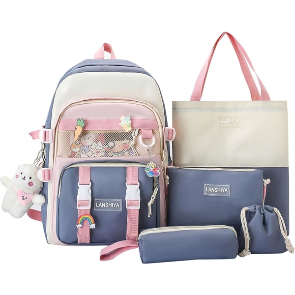 5 st Kawaii ryggsäck Söt ryggsäck Estetisk ryggsäck Preppy ryggsäck Set Kawaii skolmaterial med tillbehör (blå)