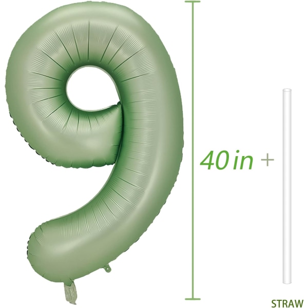 Nummer 9 ballong, stort antall ballonger 40 tommer, 9. bursdagsfestdekorasjoner niende år gamle bursdagsskiltdekor, salviegrønn