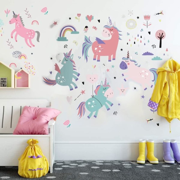 Unicorn vægklistermærker, SPRT farverig akvarel Unicorn vægklistermærke Peel and Stick Wall Art Sticker til værelsesdekoration