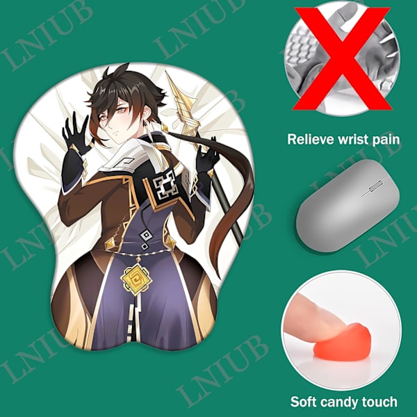 Anime-spel Genshin Impact-figurer ZhongLi 3D-musmatta Hemmakontor halkfri handledsstöd Handkudde Musmattor Otaku Cosplay-gåva, 26 x 21 x 3,2 cm