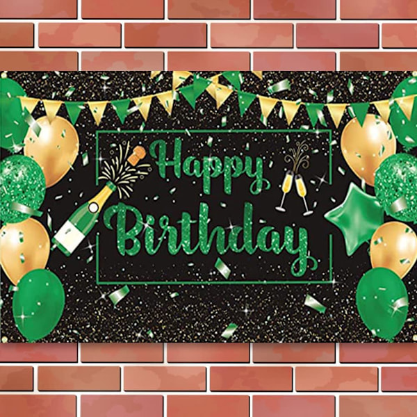 Gröna och guldiga födelsedagsfestdekorationer Grönt Happy Birthday Bakgrund Banner Ballong Champagneglas Födelsedag Fotografering Bakgrund