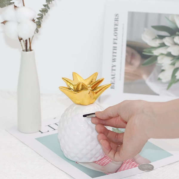 Keramisk ananas spargris, dekorativ heminredning, 5,3 x 3,4 tum, idealisk present till barn (vit)