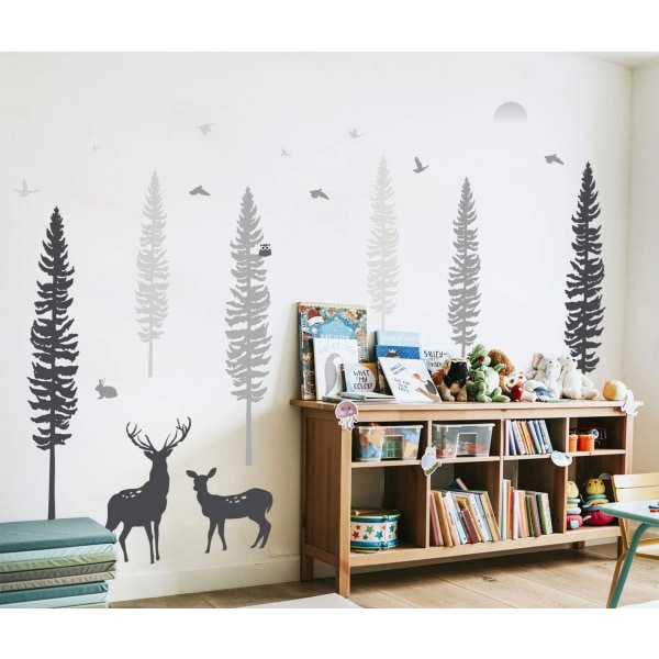 Woodland Nursery Decor – Drömsk skogstema tallväggdekaler med djur, hjortar och uggla – Söta babyväggdekaler för sovrum, klassrum och dagis