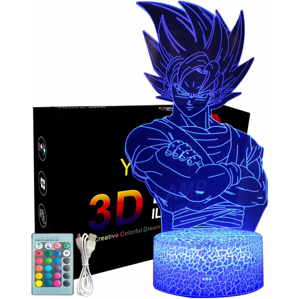 Goku 3D Natlys,Anime Lampe Børn Goku 3D Lampe,Fjernbetjening 16 Farver Skiftende LED Illusion Lampe og Art Deco Lampe,Jule Fødselsdagsgave,B