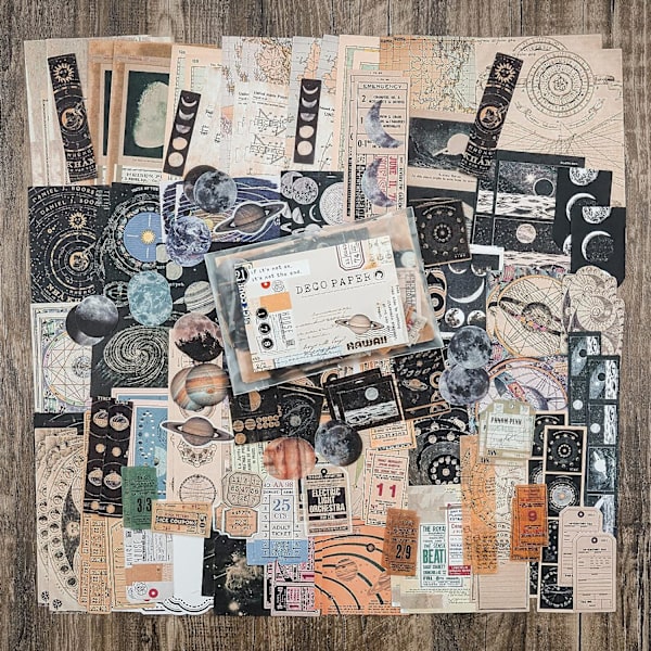 Vintage Scrapbooking-materialepakke (200 stk.) til Witchy Junk Journal Bullet Journals Planlæggere Rum Måne Papir Stickers Craft Kits Collage (Himmelsk)