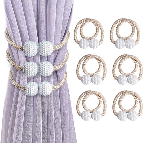 Pakke Gardin Tilbageholdere, Magnetiske Gardin Tilbageholdere Vindue Perle Kunstige Perler Gardin Spænde Klip til Hjemmekontor Dekoration (Beige)