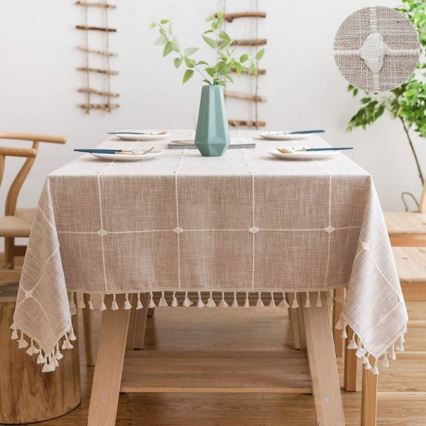 Rektangulært Bordsduk Bomull Lin 140x200 cm Bordsduk Rektangel Bordsduk Dekorasjon Beige for Hjem Kjøkkenbord