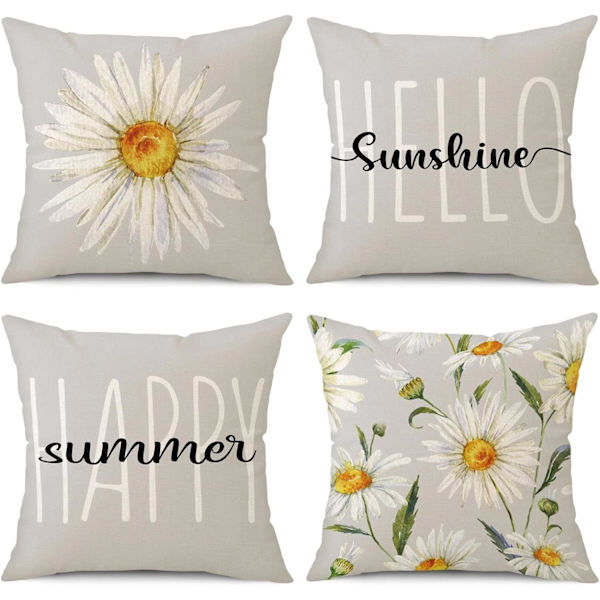 Sommarkuddfodral 18x18 Set om 4 Gårdshus Kuddfodral i Linne Blommig Dekorativt Kuddfodral för Soffa Säng Utomhus Terrass Vardagsrum