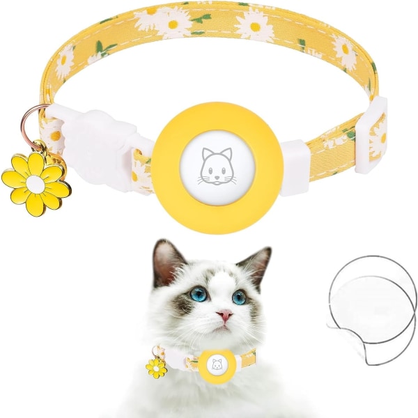 AirTag Cat Collar - Kattungehalsband med silikonstöd - Lättvikt - GPS Tracker - med klockor och blomberlock - Gul