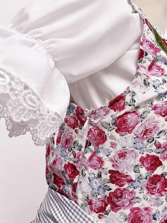 Dirndl til kvinder, traditionel midikjole til kvinder, dirndl-kjole med blonder inkl. dirndl-bluse og dirndl-forklæde, 3 dele, til Oktoberfest og red M