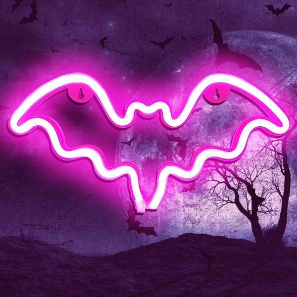 Halloween fladdermus neonskylt, väggdekor, fladdermuslampa med batteri eller USB driven för halloweenfest, bar, rumsdekor, barnpresent (rosa)