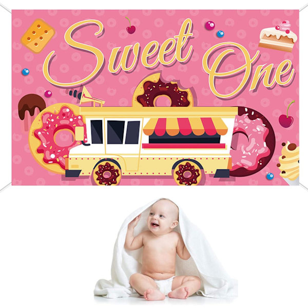 Rekan Sweet One -tausta, onnellinen 1. syntymäpäivä, ensimmäinen syntymäpäivä, vauvatytöt, donitsivalokuvaus, tausta, 1. syntymäpäivän juhlakoristeet, banneri