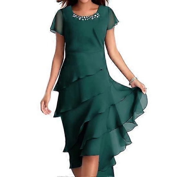 Elegant kjole for kvinner, O-hals, dekorert med perler, kort ermet midi-kjole, lagdelt kakekant, flagrende kjole, fest, bryllupsgjest green 2XL