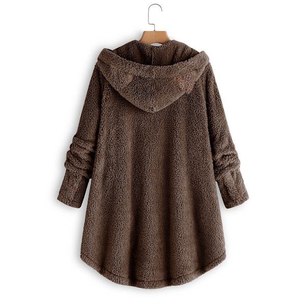 Plushjacka med kattöron, oregelbunden trendig enfärgad kappa för kvinnor Coffee 2XL
