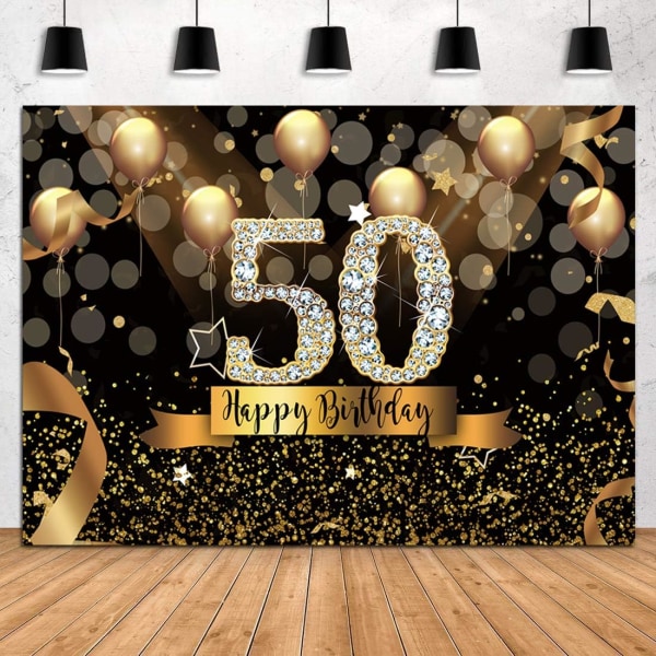 7x5ft Grattis på 50-årsfest Bakgrund Glitter svart och guld ballonger bakgrund för kvinna Fantastiska 50 Bday Party dekorationer