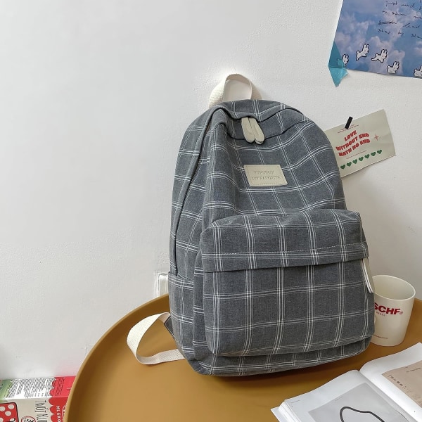 Light Academia Aesthetic Backpack Plaid Preppy Backpack Teen Girls Book Bags Back to School Backpack Supplies (Grey)