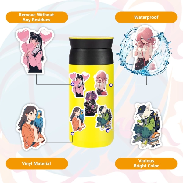 Søte Anime-klistremerker 50 stk Tegneserie Anime-dukkeklistremerker for tenåringer Barn Jente Bærbar PC Vannflaske Sykkel Gitar Bagasje Telefon Datamaskin Skateboard(A)