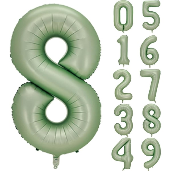Nummer 8 ballong, stort antall ballonger 40 tommer, 8-årsfestdekorasjoner åttende år gamle bursdagsskiltdekor, salviegrønn