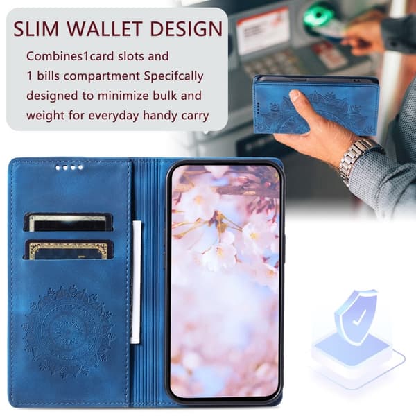For Samsung Galaxy S25 Wallet Case Cover Shell Mandala Floral Pattern Blå blue