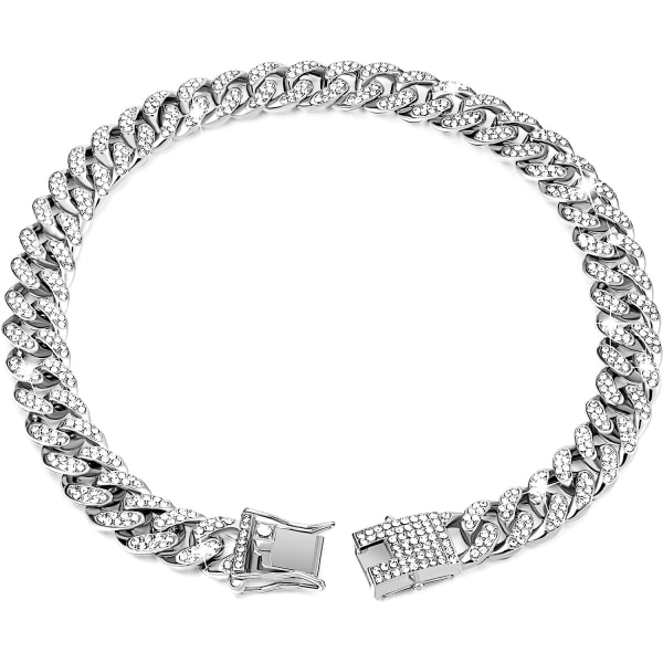 Hundekæde diamant cubansk halsbånd Walking metal kæde halsbånd med design sikkert spænde, cubanske kæledyrs halsbånd smykketilbehør (sølv, 22 tommer)