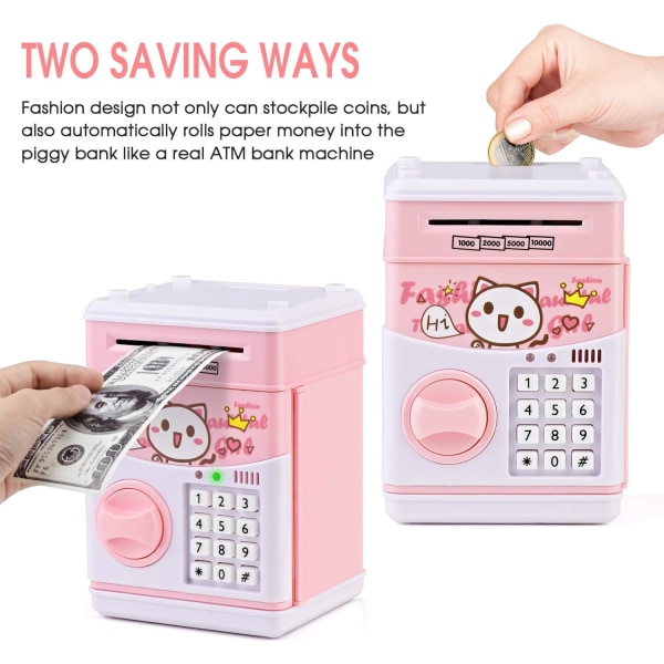 Elektronisk kat sparegris til børn Kontant tegneserie pengeautomat pengesparebank til børn med adgangskode og musik Fantastisk gavelegetøj (pink)