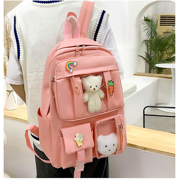 Kawaii 5-delad flickryggsäck för flickor med söta björnaccessoarer, skolmaterial skolväska pennfodral praktisk axelväska-rosa