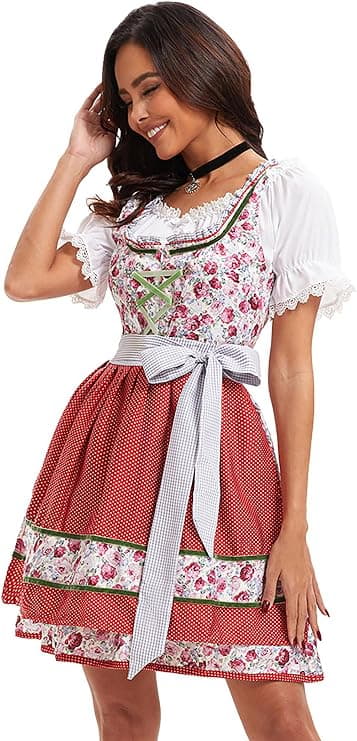 Dirndl til kvinder, traditionel midikjole til kvinder, dirndl-kjole med blonder inkl. dirndl-bluse og dirndl-forklæde, 3 dele, til Oktoberfest og red M