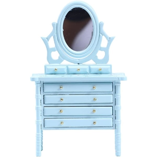 Miniatyrdockhus Sminkbord Möbler Sminkbord med spegel och 4 lådor Minihustillbehör Vardagsrumsscen dekoration (blå)