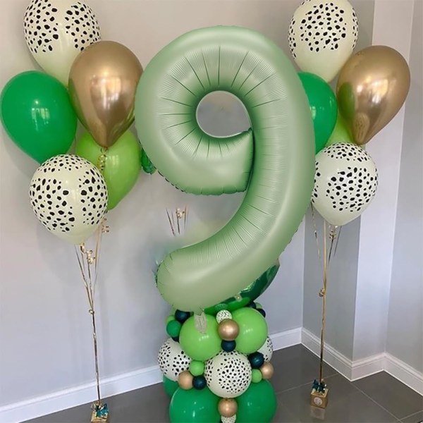 Nummer 9 ballon, stort antal balloner 40 tommer, 9 års fødselsdagsfest dekorationer niende år gammel fødselsdagsskilt dekoration, salviegrøn