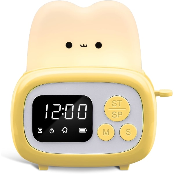 Lille timer ur, brødrister lampe, sød natlampe med tidsstyringsværktøj og bordur alarm digital timer til børn, børnelampe gaver-gul
