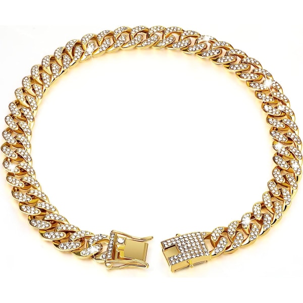 Hundkedja Diamond Cuban Collar Walking Metal Chain Collar med Design Säkert spänne, Pet Cuban Collar Smycken (20 tum, guld)