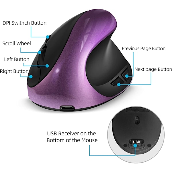 Ergonomisk mus trådløs, genopladelig vertikal mus højrehåndet lille mus med 6 knapper 3 justerbare 1000/1200/1600 DPI til bærbar computer, stationær pc