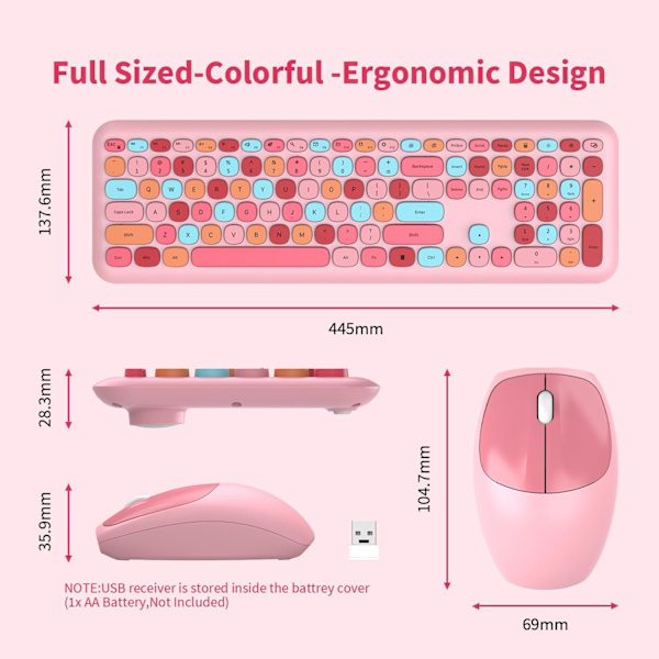 Trådløst tastatur og mus-kombination, 2,4 GHz fuld størrelse farverigt sødt tastatur mus-sæt med retro skrivemaskine fleksible runde taster (C-Pink Colorful)