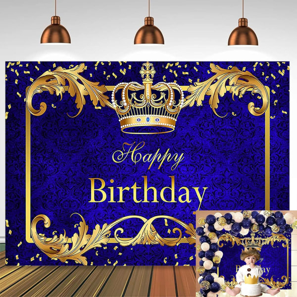 Royal Blue and Gold King Crown Birthday Backdrop Prince Birthday Party Decoration Newborn Baby Shower Royal Party Banner Party Decoration 7X5FT