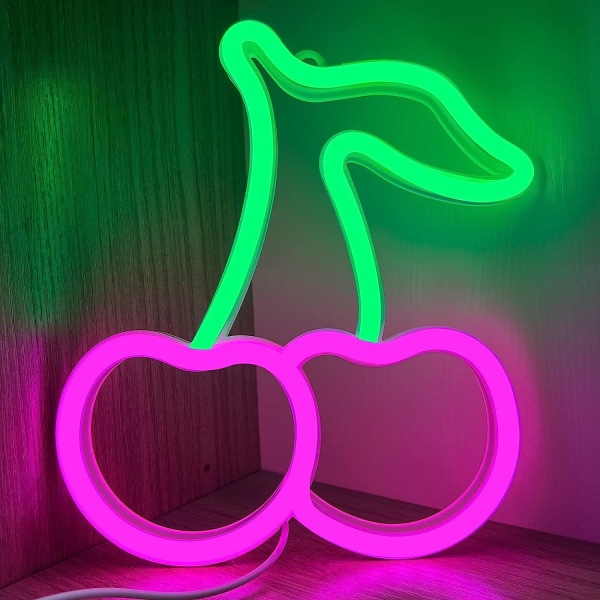Pinkki vihreät kirsikat neonvalot, kirsikkaneon kyltit seinäkoristeluun, söpöt hedelmä LED-kyltit lastenhuoneeseen, ravintolaan, baariin, hedelmäkauppaan, kotiin vihreä+pinkki