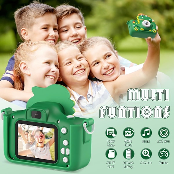 Dinosaurkamera, barnekamera med 2-tommers skjerm, 1080P, 32GB barne-selfiekamera, egnet for alle barn 3-12 år, gutter eller jenter Green