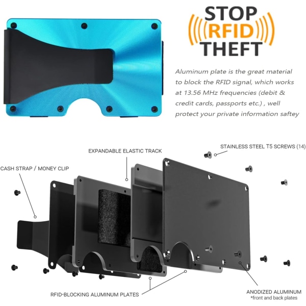 Metalliske minimalistiske lommebøker for menn med pengesklips - Slank lommebok Kredittkortholder RFID-blokkering, aluminium (Cd Raised Grain, Blå)