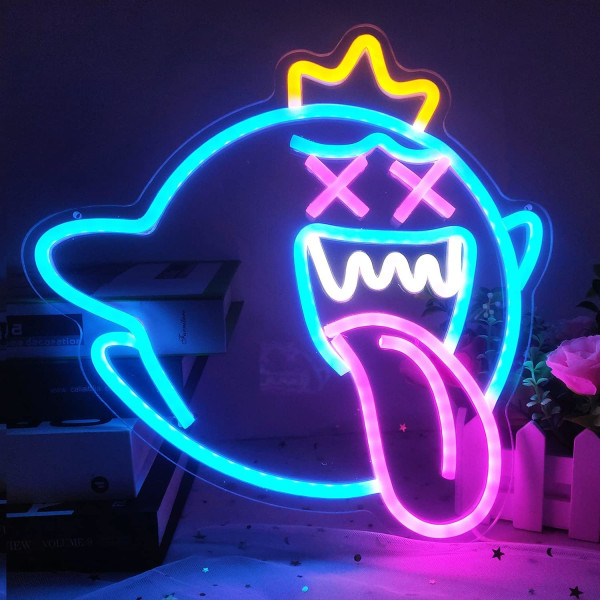 King Boo Neon Skilt Spøgelse Led Neon Lys med Dæmpbar Afbryder Gaming Neon Skilt til Børns Spillerum Man Cave Fødselsdag Halloween Dekoration Julegave