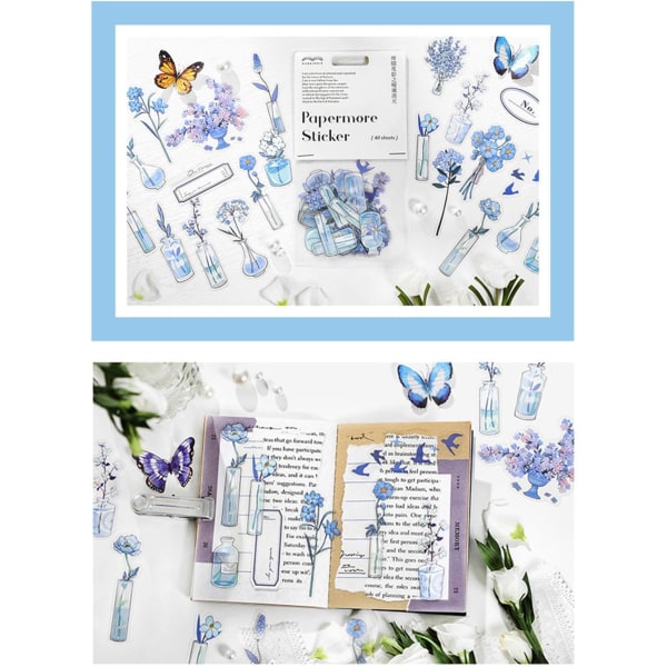 Scrapbook-klistermärken 4-pack, 40 stycken vardera för skräp, kulor, vattenflaskor, bärbara datorer, PET-estetiska dekorationsklistermärken, journalföring - blommor och vaser