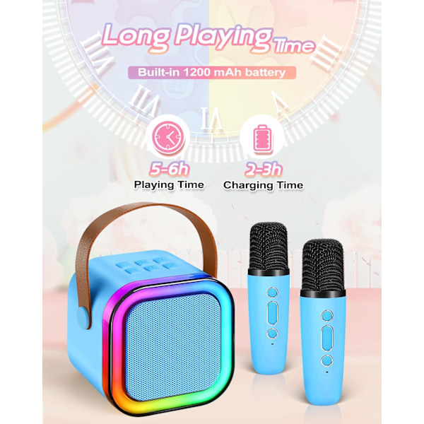 Karaoke-laite lapsille, 2 langatonta mikrofonia, kannettava Bluetooth-kaiutin, lasten karaoke-laite tytöille LED-valoilla, hauskoja syntymäpäivälahjoja 4 5 6 -vuotiaille Blue
