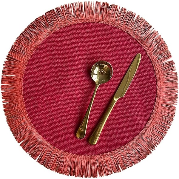 6 pyöreän juuttialustan set yksinkertaisella hapsulla pöydän koristeluun, lämmöneristys (punainen)