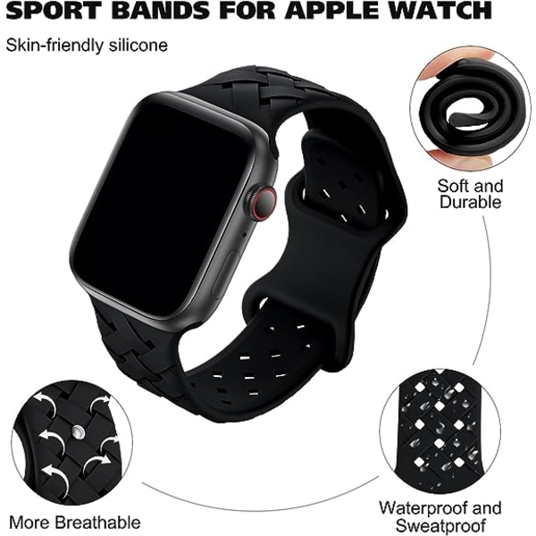 Silikonflätade vävband kompatibla med Apple Watch 42 mm 44 mm 45 mm 49 mm, ersättningsband av silikon sport andas för kvinnor män-#svart