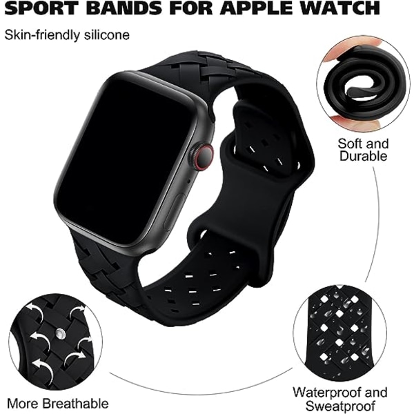 Silikonipunotut kudosnauhat, jotka ovat yhteensopivat Apple Watch kanssa 42mm 44mm 45mm 49mm, Vaihto silikoni Sport hengittävä hihna miehille - #musta